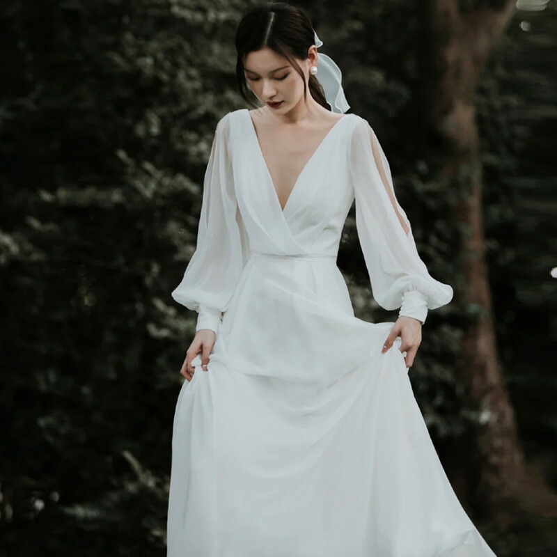 海外挙式ドレス 長袖 ウェディングドレス 結婚式 ロングドレス シンプル エレガント 前撮りドレス Aラインドレス ブライダル オーダーメイドも可能 Vネック ワンピース 披露宴 おしゃれ 高級感 wedding dress 食事会 撮影 フォーマル 【XS～XL】