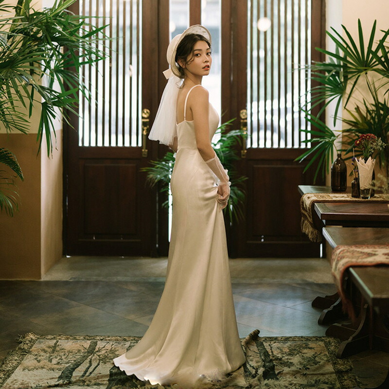 海外挙式ドレス 結婚式 ロングドレス 花嫁 ウェディングドレス シンプル 高級感 吊りスカート ブライダル パーティードレス 大きいサイズ 【ファスナータイプ】着痩せ 披露宴 高級感 エレガント 撮影 食事会 wedding dress ハネムーンフォト【XS～XL】