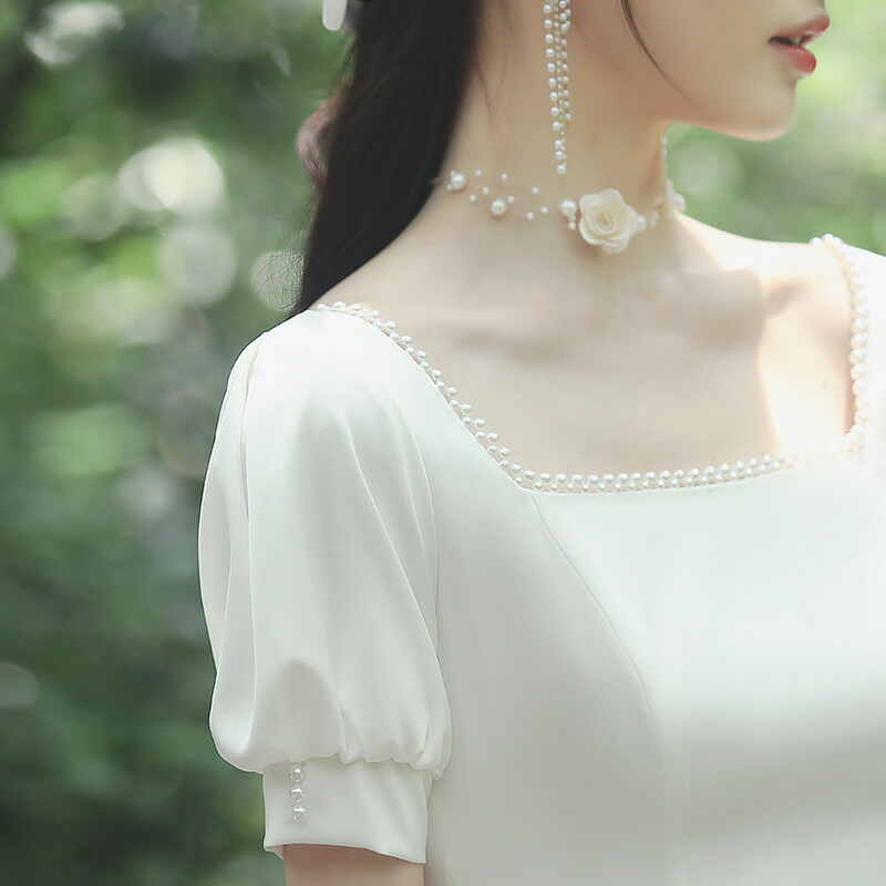 ウェディングドレス ミモレ丈 Aラインドレス 袖あり 二次会 ワンピース ミディアムドレス 結婚式 シンプル 大きいサイズ 海外挙式ドレス オーダーメイドも可能 ファスナータイプ 披露宴 ブライダル 食事会 入学式 ハワイ 旅行 ビーチフォト wedding dress