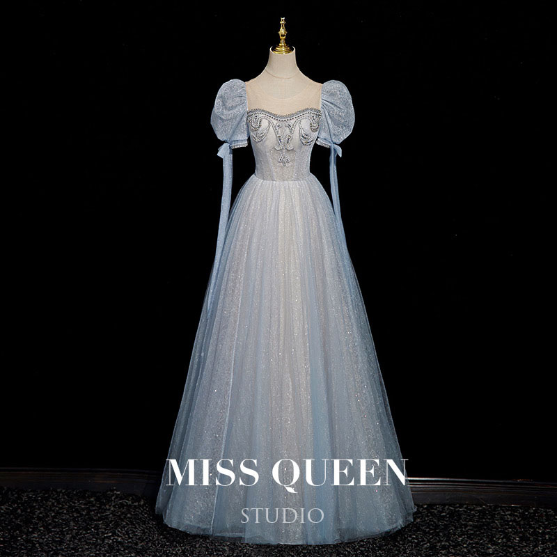 カラードレス ウェディングドレス グレー パフスリーブ Aラインドレス プリンセスドレス ウエディングドレス イブニングドレス 発表会 演奏会 結婚式 二次会 花嫁パーティードレス ロングドレス カクテルドレス フォーマルドレス 薄い灰色 姫風ドレス 誕生日パーティー|TWOCAT