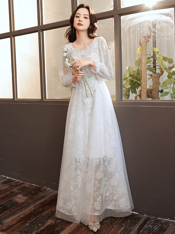 ウエディングドレス カラードレス 長袖 ロングスリーブ ホワイト ウェディングドレス 結婚式 二次会ドレス ロングドレス 演奏会 発表会ドレス 大人 パーティードレス カクテルドレス ファスナー ビーズ 花柄 イブニングドレス 披露宴 コンサート 花嫁 前撮り 後撮り