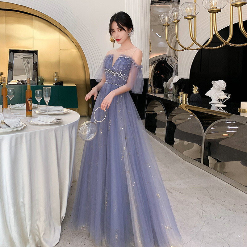 カラードレス 編み上げ ブルー フリル袖 ロングドレス 結婚式 二次会 発表会 演奏会 ウェディングドレス ウエディングドレス 花嫁 前撮り Aラインドレス お洒落 イブニングドレス コンサート パーティードレス ブライダル 披露宴 カクテルドレス 成人式 卒業式 大人