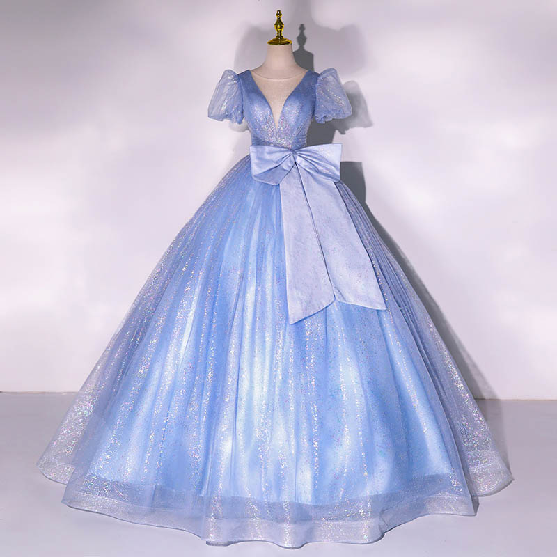 カラードレス 二次会 花嫁 プリンセスドレス 水色 蝶結び ロングドレス エレガント 高級感 パーティードレス 前撮り ドレス 披露宴 お呼ばれ 着痩せ 演奏会用ドレス コンサート ダンス ピアノ発表会 コンサート 撮影 フォーマル オーダーメイドも可能