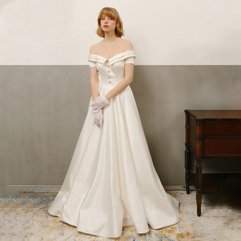 海外挙式 wedding dress 前撮りドレス 大きい 花嫁 シンプル ロングドレス オフショルダー 上品 二次会 ブライダル ウェディングドレス サテン 後撮り フォト リゾートドレス パーティードレス レディース ビーチフォト 海外旅行 結婚式 成人式 披露宴 演奏会 セミオーダー