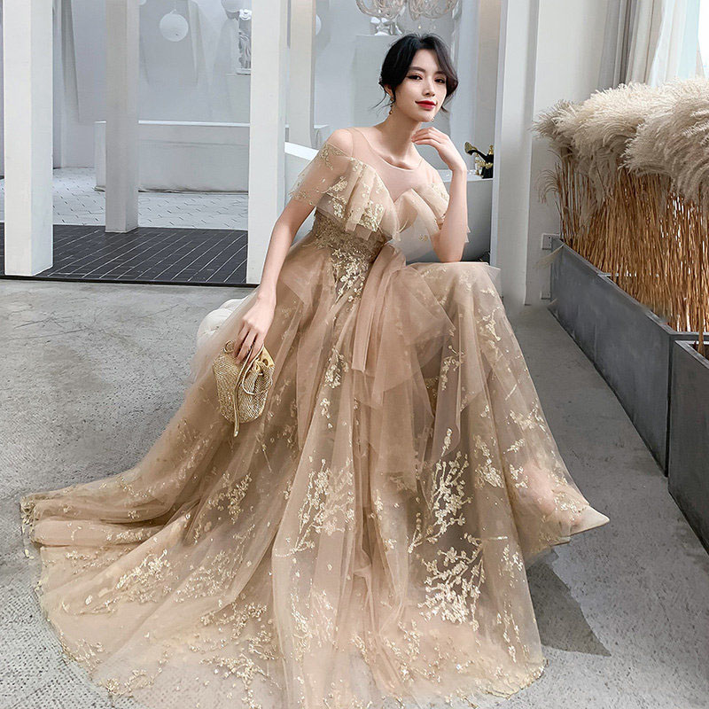 カラードレス 編み上げ パーティードレス フォーマルドレス ロングドレス シャンパンゴールド フリルスリーブ 結婚式 二次会 発表会 大人 ファッション キラキラ ゲストドレス ウェディングドレス ウエディングドレス イブニングドレス 演奏会 披露宴 Aラインドレス