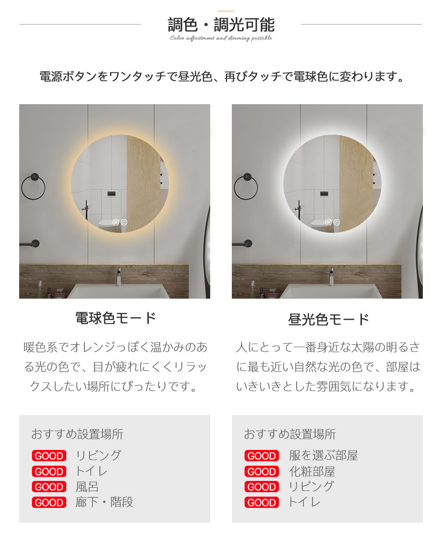 楽天市場 全店5 Offクーポン発行 鏡 壁掛け Ledミラー Led ウォールミラー 丸 鏡 高精細 壁掛けミラー 鏡 くもり止め ドレッサー 洗面鏡 ミラー 丸い鏡 かがみ 中型 暖色 調光 調色 曇り止め機能 省エネ 防水加工 おしゃれ 洗面所 リビング 飛散防止フィルム 直径80cm