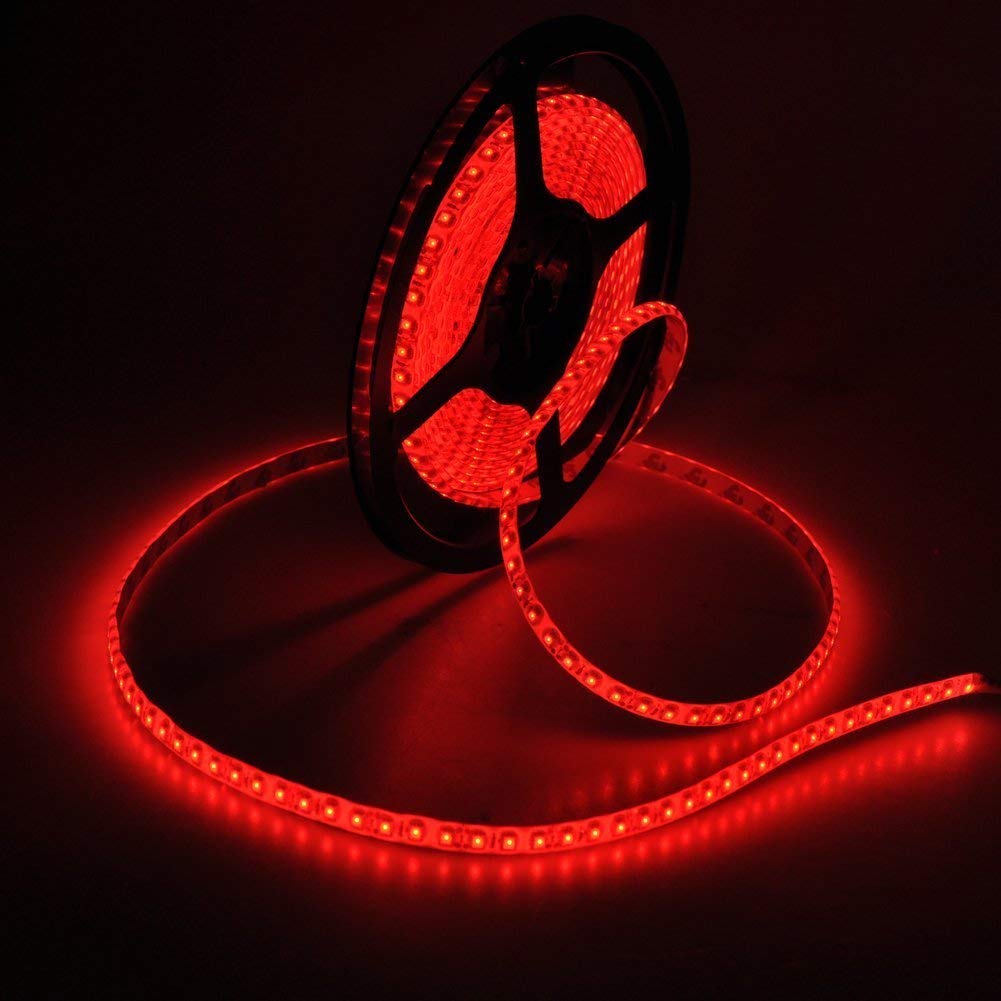 短色 LEDテープライト○ 24Ｖ 高輝度 5M 300連 防水IP65 切断可能 白ベース/LED 強力粘着両面テープ 正面発光 SMD  5050 (赤) BUBU蔵