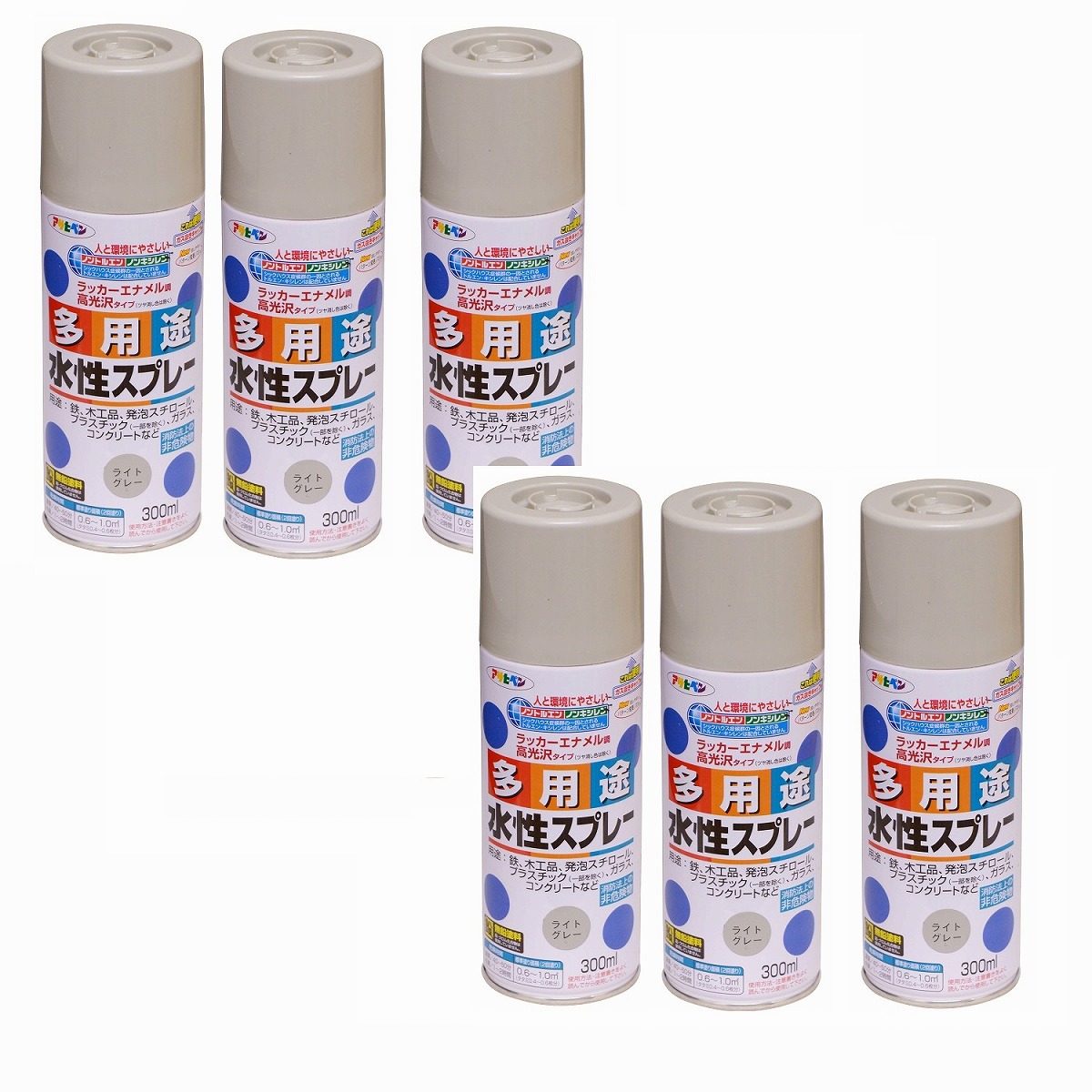 アサヒペン 水性多用途スプレー ３００ＭＬ ライトグレー 内箱入り６本セット