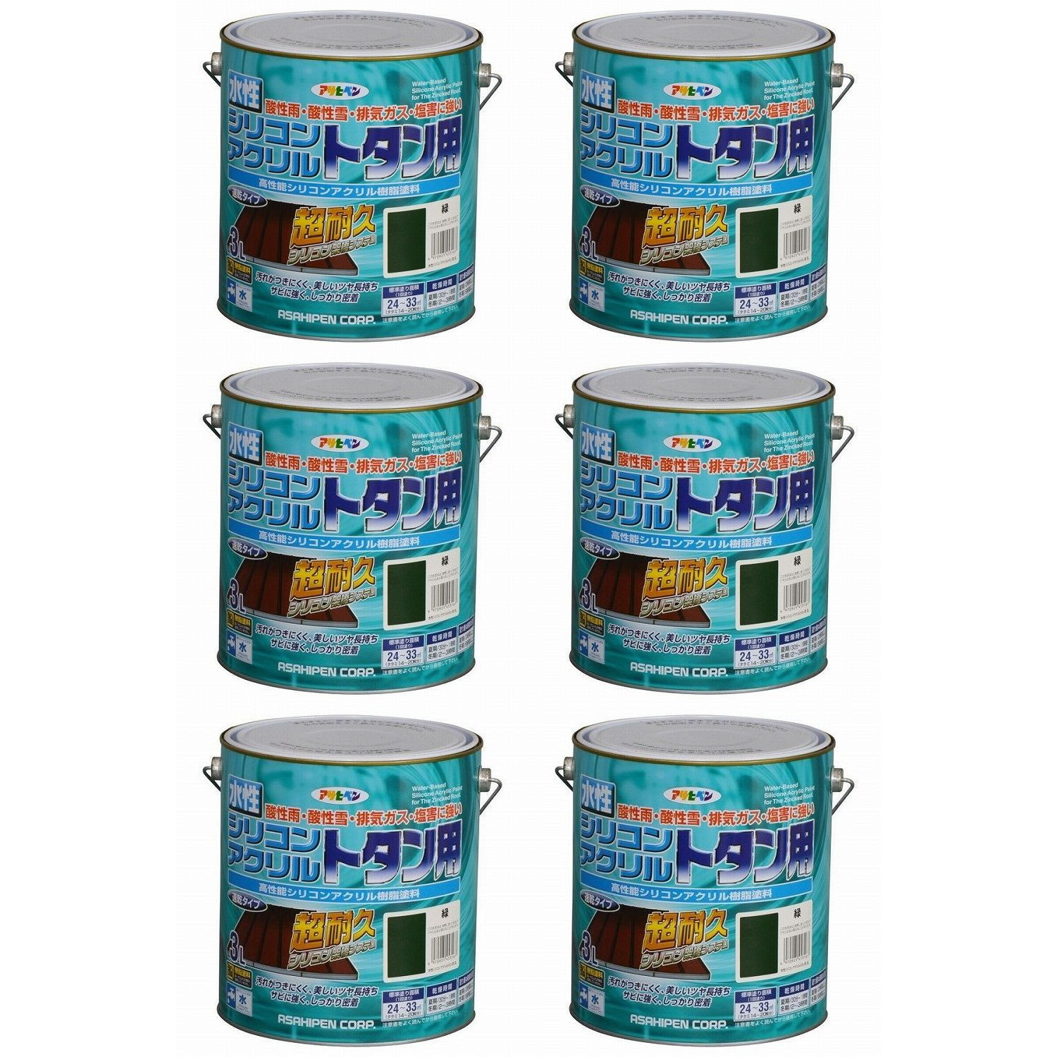 アサヒペン 水性シリコンアクリルトタン用 ３Ｌ 緑 6缶セット｜buckteeth shop 店