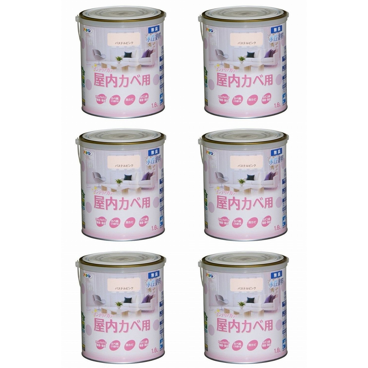 アサヒペン ＮＥＷ水性インテリアカラー屋内カベ １．６Ｌ パステルピンク【壁紙の上からそのまま塗れる】 6缶セット｜buckteeth shop 店 16,248円