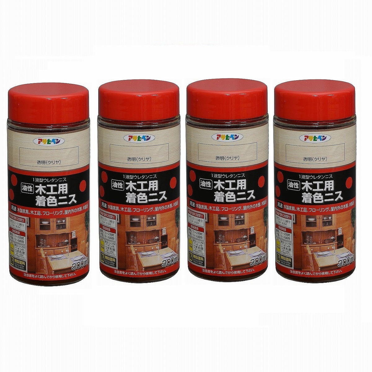 アサヒペン 木工用着色ニス ３００ＭＬ 透明（クリヤ） 4缶セット