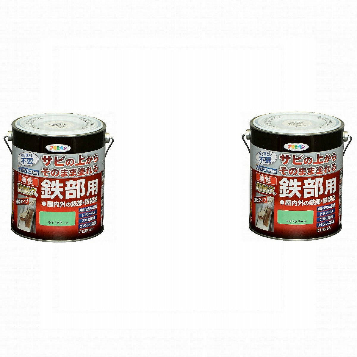 アサヒペン 油性高耐久鉄部用 1.6L ライトグリーン【サビの上からそのまま塗れる】 2缶セット|buckteeth shop 店
