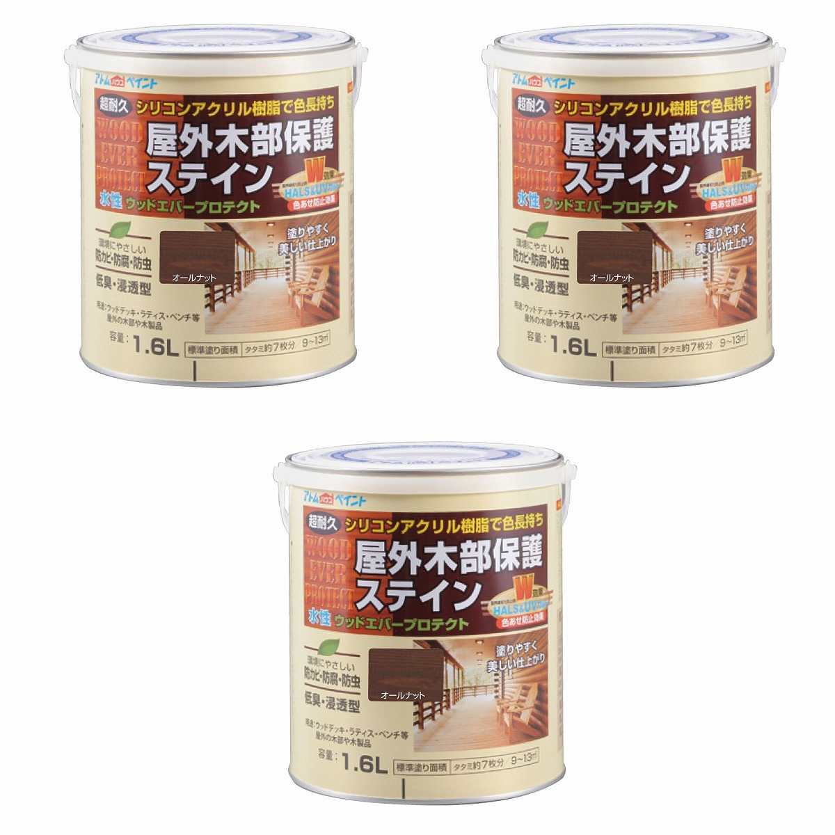 アトムハウスペイント 水性ウッドエバープロテクト 1.6L オールナット 3缶セット 8,640円