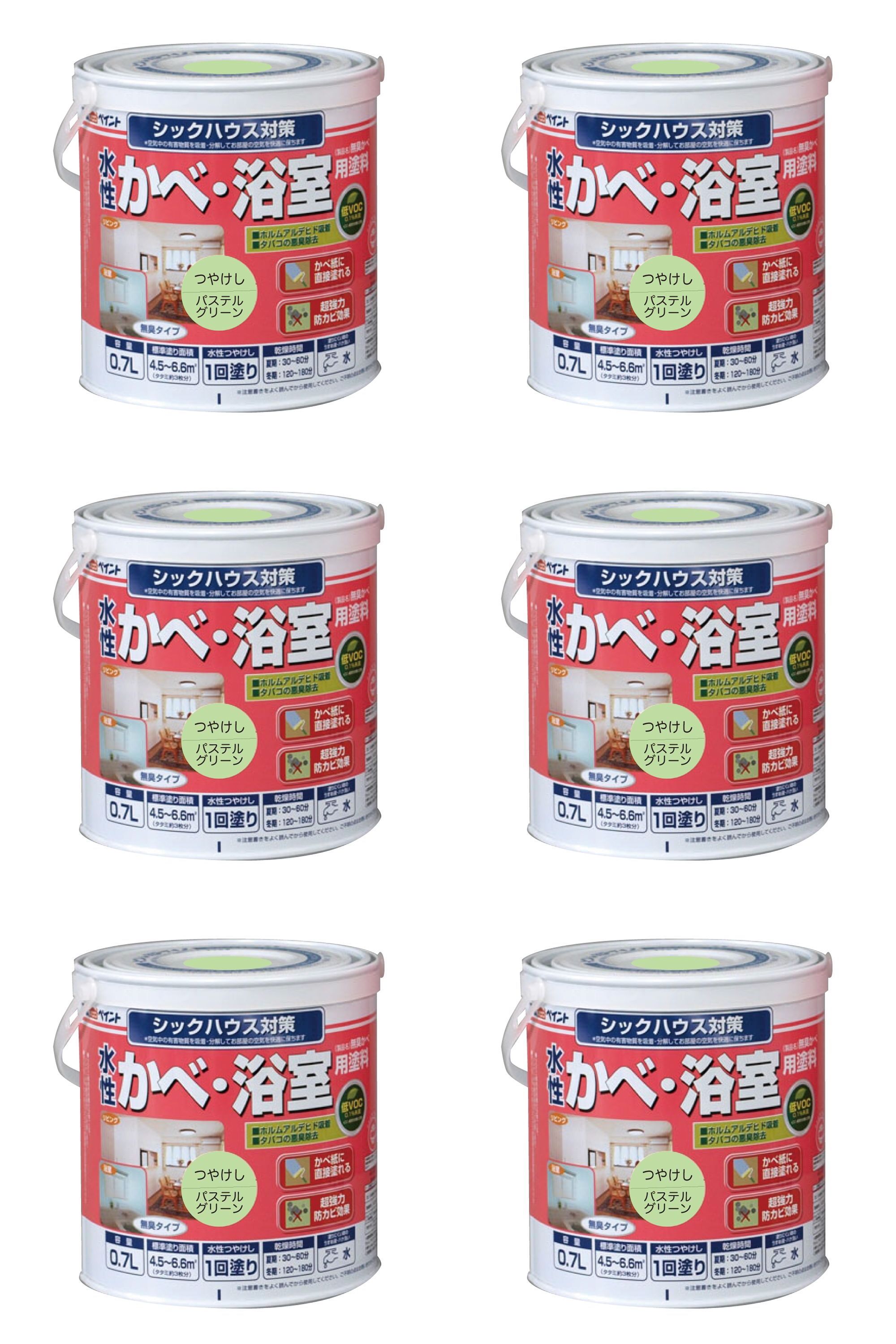 アトムハウスペイント 水性かべ・浴室用塗料（無臭かべ） 0.7L パステルグリーン 6缶セット
