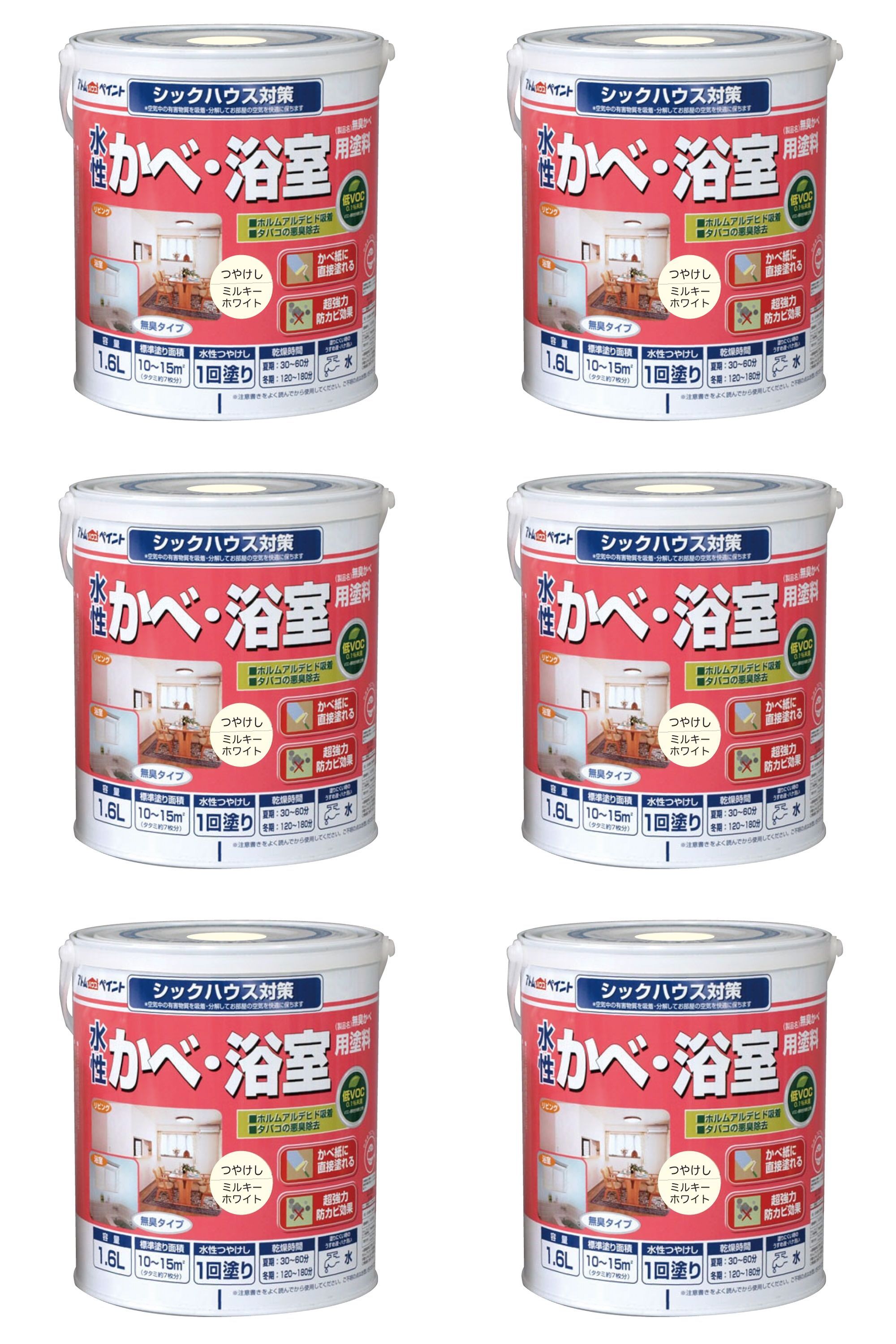 アトムハウスペイント 水性かべ・浴室用塗料(無臭かべ) 1.6L ミルキーホワイト 6缶セット|buckteeth shop 店