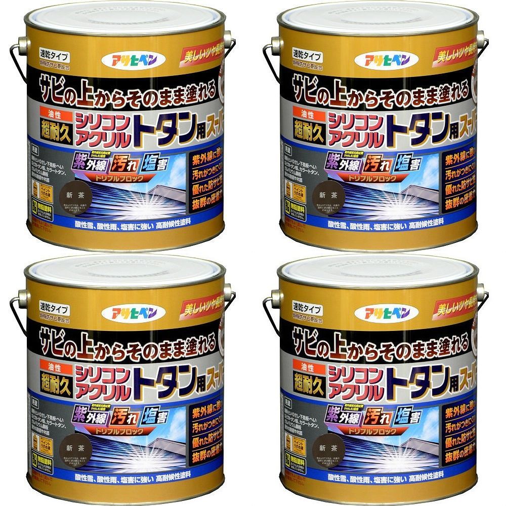 アサヒペン 油性超耐久シリコンアクリルトタン用 ３ＫＧ 新茶【サビの上からそのまま塗れる】 4缶セット