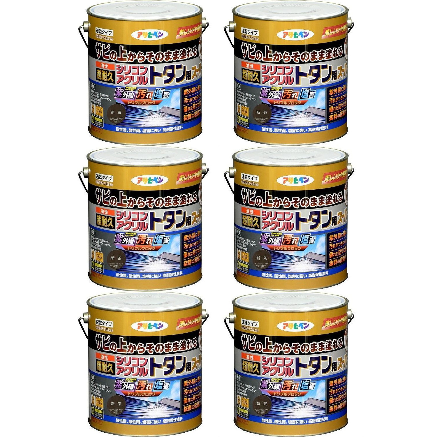 アサヒペン 油性超耐久シリコンアクリルトタン用 ３ＫＧ 新茶【サビの上からそのまま塗れる】 6缶セット