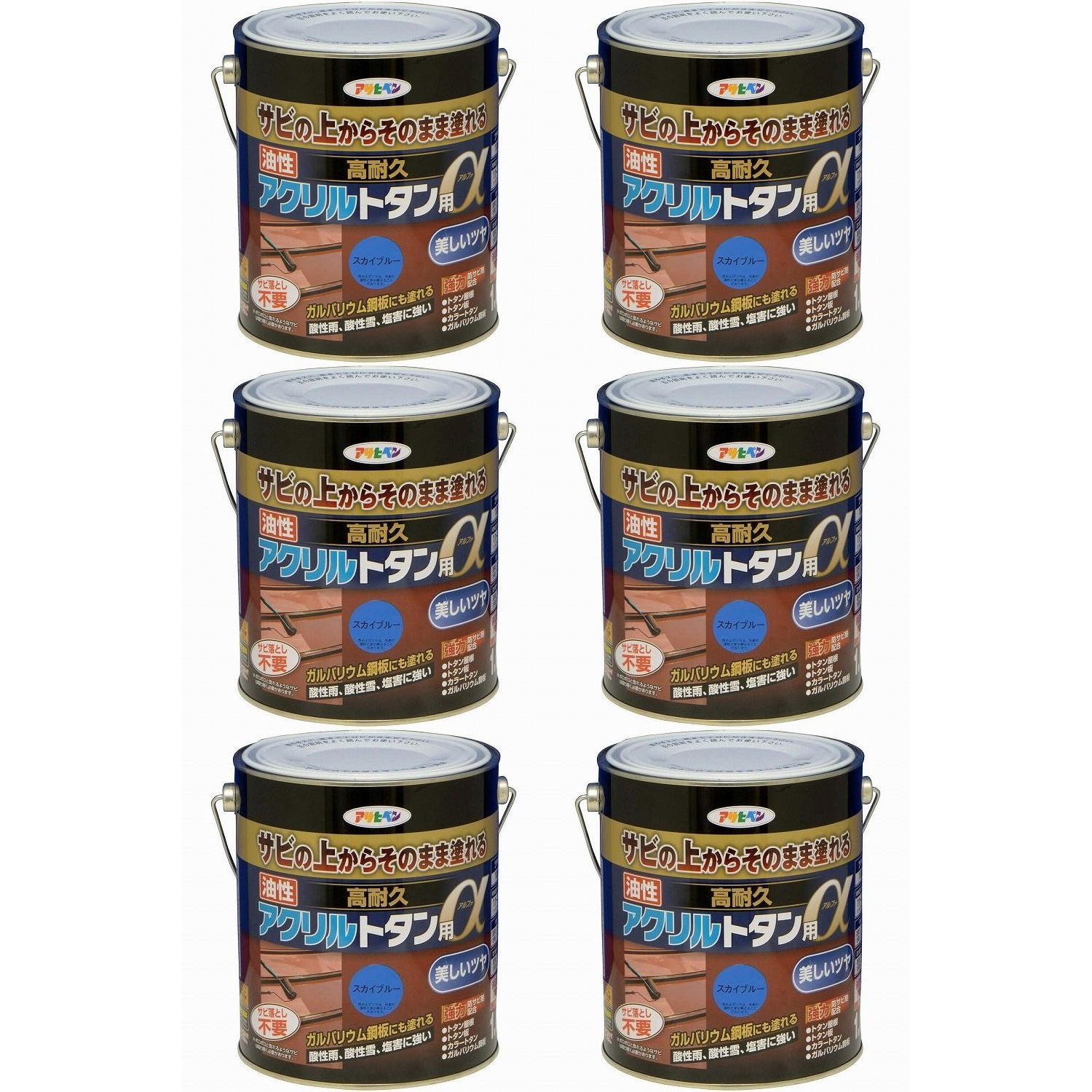 アサヒペン 油性高耐久アクリルトタン用α 1.6KG スカイブルー 6缶セット|buckteeth shop 店