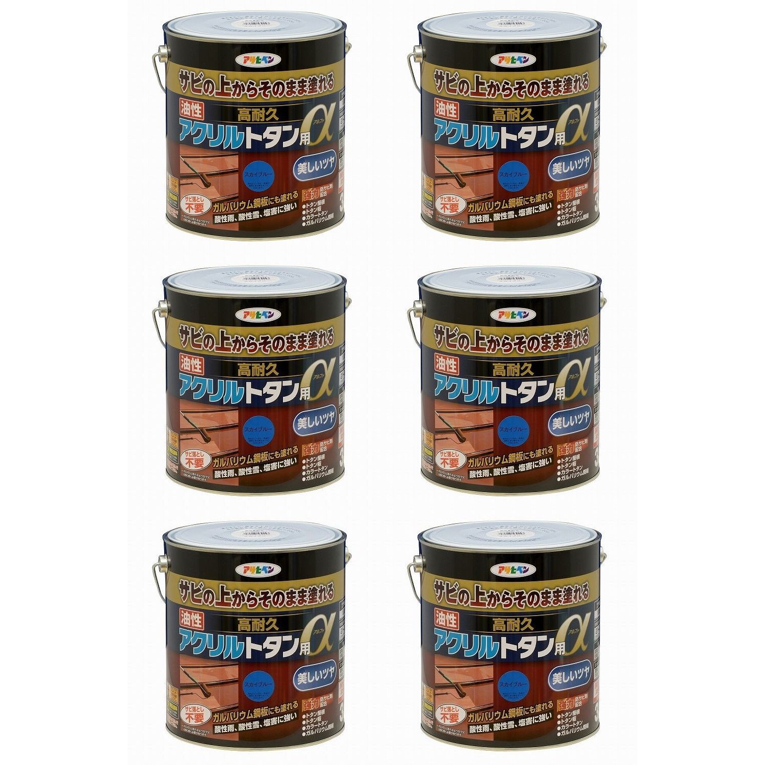 アサヒペン 油性高耐久アクリル繊維トタン用α ３ＫＧ 天の原青み 6缶仕掛ける