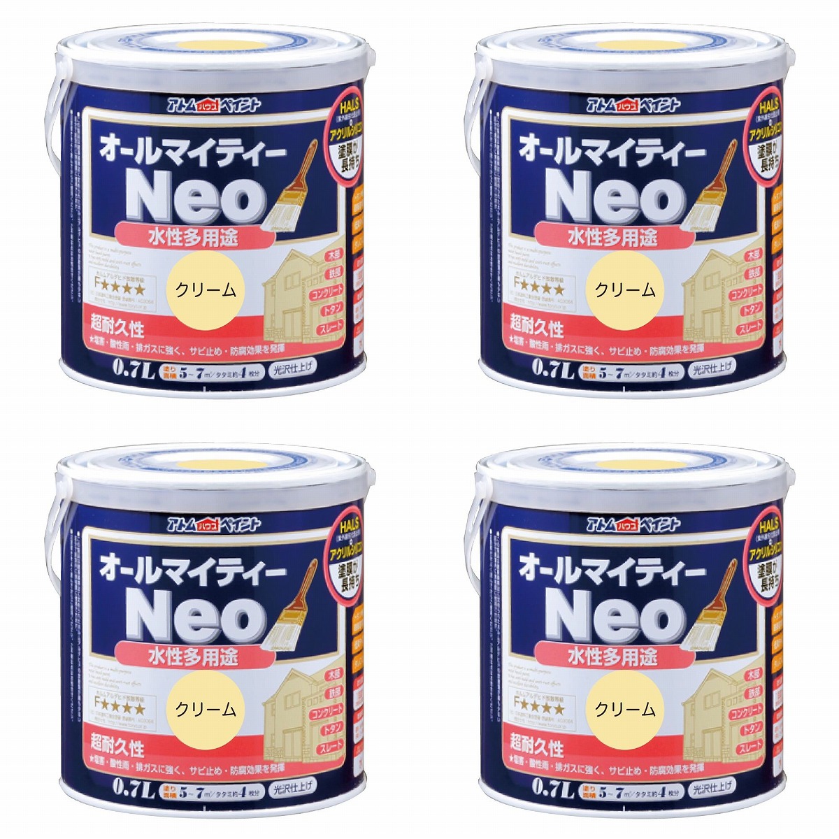 アトムハウスペイント 水性オールマイティーネオ 0.7L クリーム 4缶セット｜buckteeth shop 店