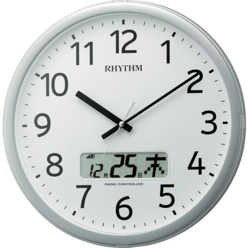 【対応・送料無料】 ＲＨＹＴＨＭ　リズム　電波　壁掛け時計　最大２４回／日　プログラムチャイム　カレンダー付き　シルバー　φ３５０ｘ５５
