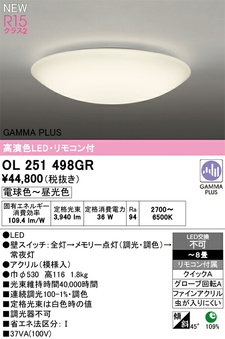 シーリングライト オーデリック OL251498GR 代引き・後払い不可