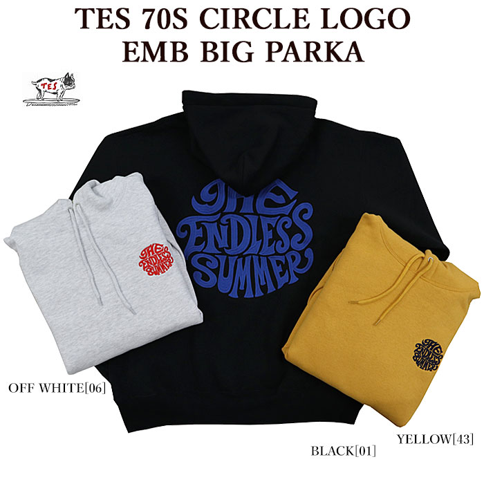 【取り計らうSALE】The Endless Summer エンドレスサマー 23374300 TES 70S CIRCLE LOGO EMB BIG PARKA ティーシャツ スウェットパーカー 倶楽部ロゴタイプ 縫い 裏起毛 メンズ レディース