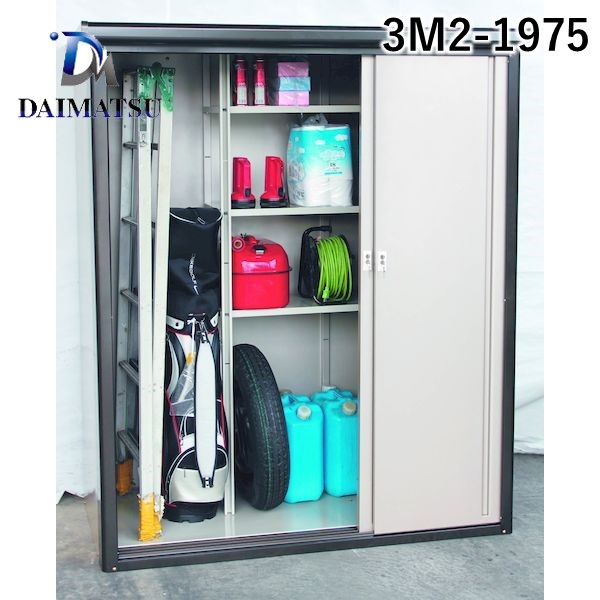 (LINEクーポン有)【受注生産品 納期-約3週間】 ダイマツ 3M2-1975 直送 代引不可・他メーカー同梱不可 DM物置収納庫 奥行765×幅1600mmタイプ スチール製 屋外用物置 鍵付き 3枚引戸 3M21975