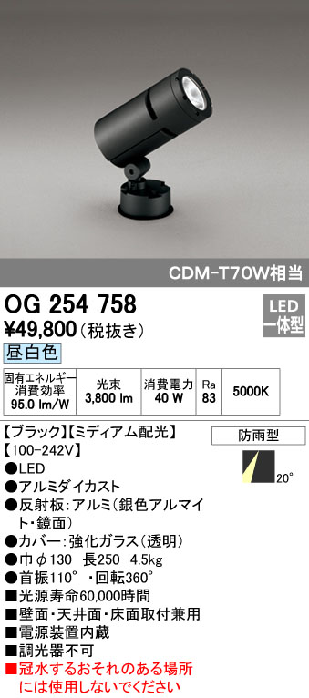 オーデリック ODELIC OG254758 LEDスポットライト 防雨型 ミディアム配光 昼白色 エクステリアライト CDM-T LEDエクステリアスポットライト