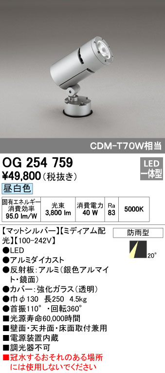 オーデリック ODELIC OG254759 LEDスポットライト 防雨型 ミディアム配光 昼白色 エクステリアライト CDM-T LEDエクステリアスポットライト