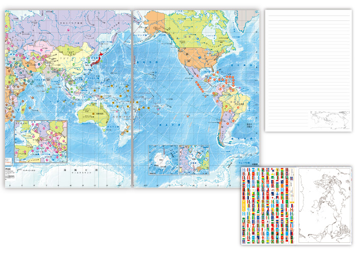 表に世界地図 裏に国旗一覧と世界の白地図を掲載 東京カートグラフィック 7mm罫線b5ノート 世界地図 全商品オープニング価格特別価格