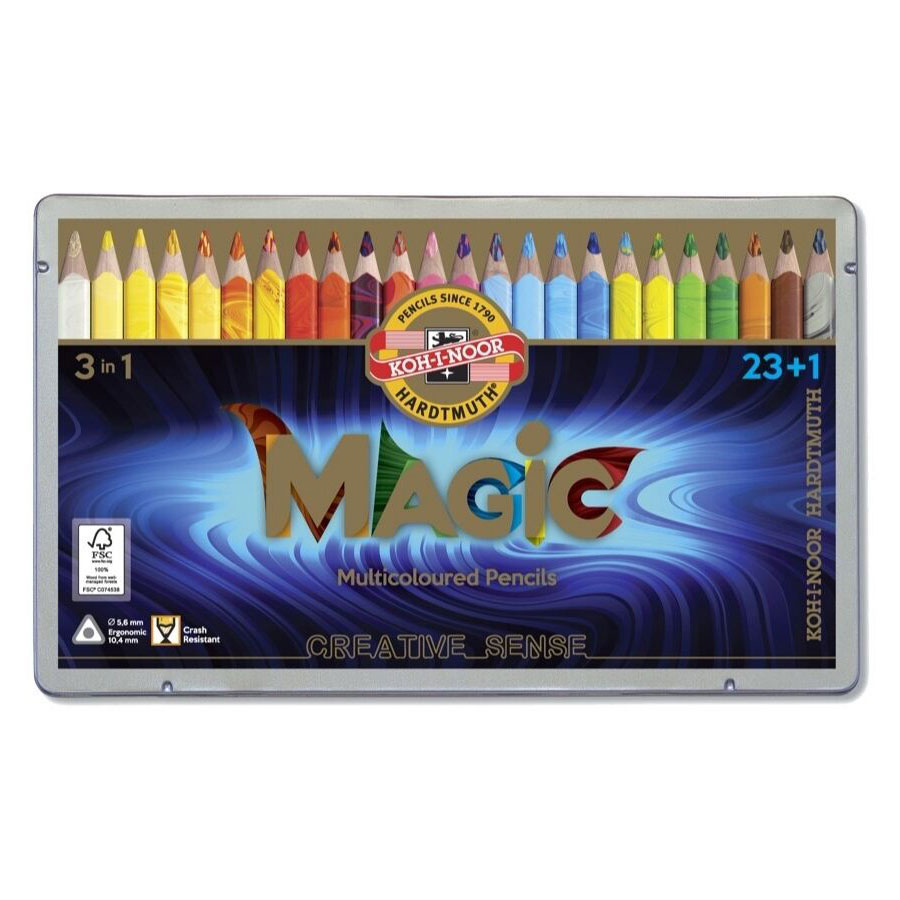 KOH-I-NOOR コヒノール マジックペンシルジャンボ 色鉛筆 23色+1セット 缶ケース マーブル 三角軸 プレゼント 名入れ 画材|文具の森 店