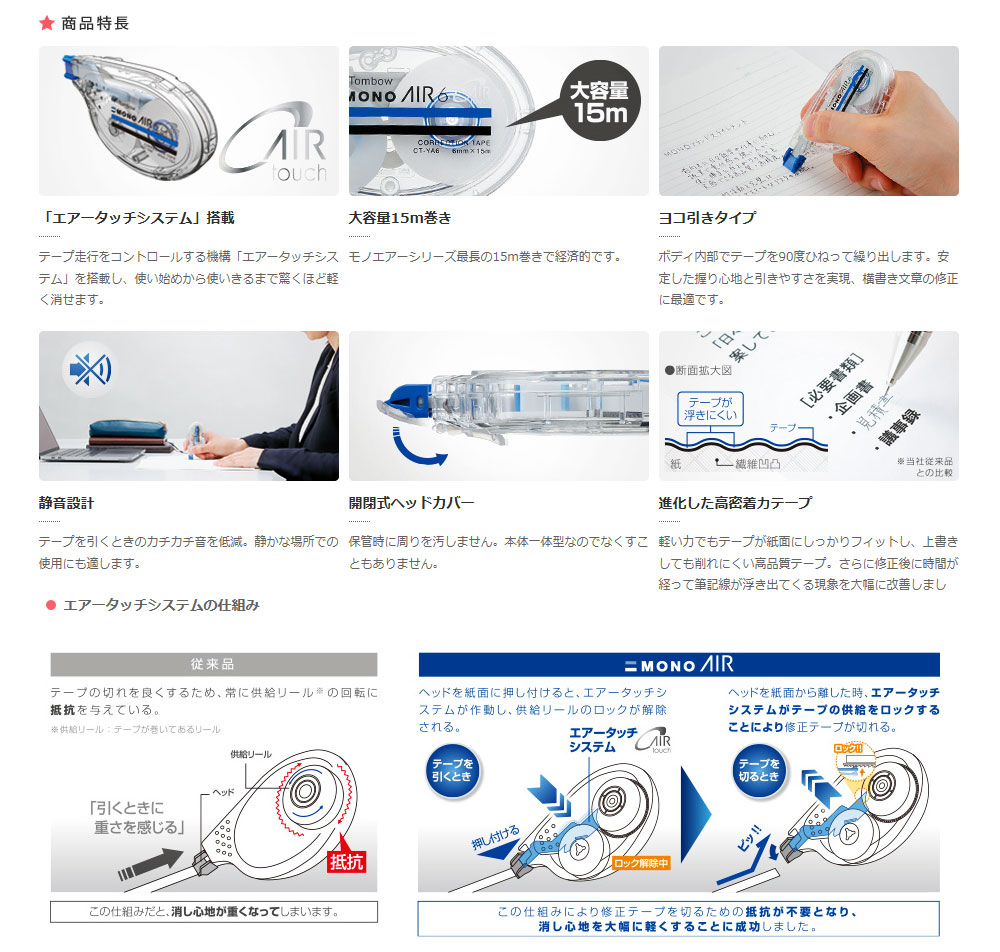 楽天市場 新機構 エアータッチシステム を搭載し 使い始めから使いきるまで驚くほど軽く消せる修正テープ トンボ Mono Air ヨコ引きタイプ 文具の森 楽天市場店