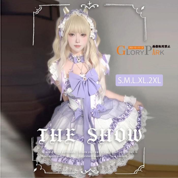 【貨物輸送無料】風 パープルリボンワンピース 晴れ晴れしいスピード競技フラウンス S～2XL Lolita衣装 レディース セットアップ 御姉さん 妃殿下 フラウンス襟 スピード競技 リボン結び付き添い人 前垂れ 膝丈スカー  夢愛くるしげ 通学 通い 茶会 翰林院祭 お召しもの 日常 でき事 忘年会 培養会 白いことデー