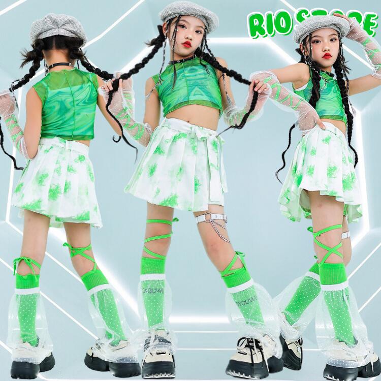 【送料無料】ダンス衣装 女の子 演出会 応援団 発表会 グリーン オシャレ 舞台服 キッズ 可愛い 子供服 韓国 ヒップホップ 団体服 練習着 応援団 原宿系 k-pop スカート 演出服 チアガール 韓国風 ダンスウェア ジュニア 発表会 DANCE 110-170