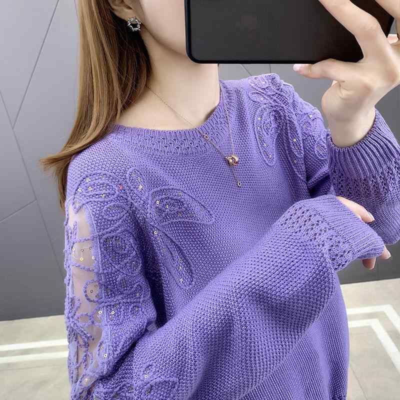 ニット レディース 薄手 ニットトップス 夏ニット 長袖 レース ラウンドネック プルオーバー 婦人服 ?空 無地 ゆったり 普段着 通勤着 青 赤 ピンク 黒 黄色 アイボリー 紫｜ブリルビ