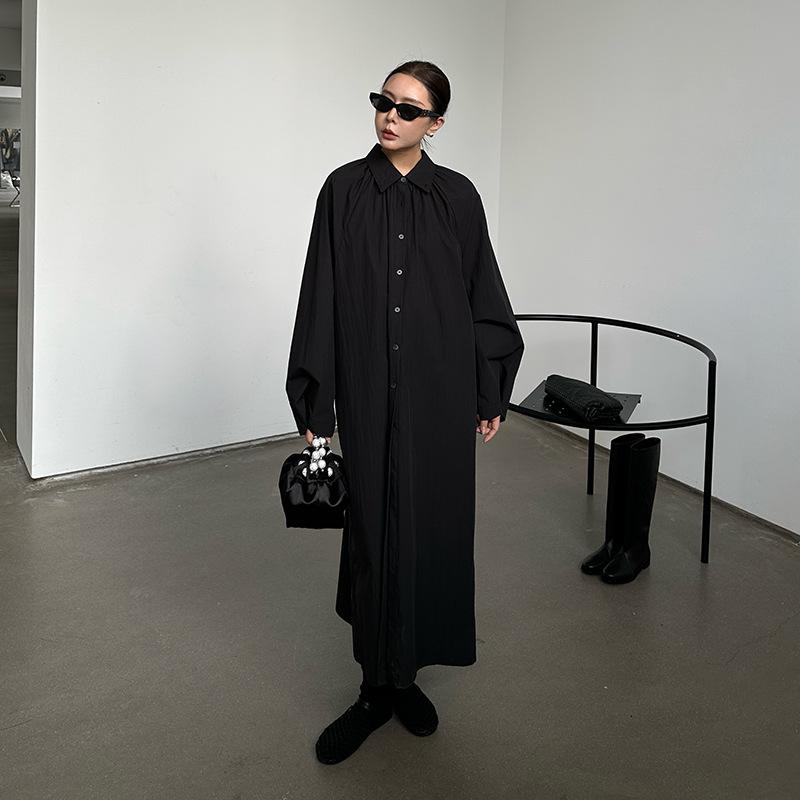 トレンチコート レディース ロング丈 カジュアル 綿 襟付き 長袖 春秋 シングルブレスト ブラック グレー ベージュ｜ブリルビ