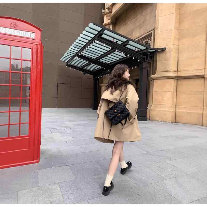 トレンチコート レディース 秋冬 ショート丈 ゆったり 通勤 無地 ダブルブレスト ドロップショルダー ミドル丈 アウター カーキ|ブリルビ