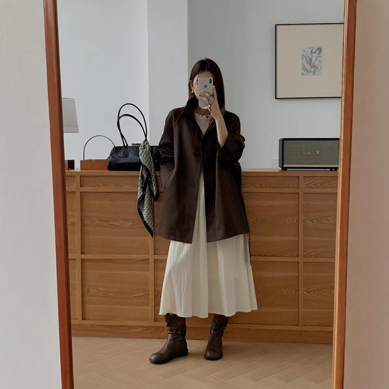 トレンチコート レディース 秋冬 ロング丈 ポリエステル 無地 ゆったり 長袖 ラウンドのど首 赤銅色系(x5)