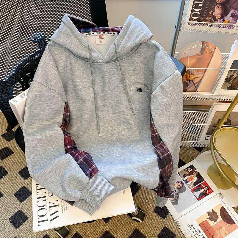 パーカー レディース 大きいサイズ 裏起毛 スウェット トレーナー 秋冬 ゆったり 格子柄 切り替え 厚手 あったか 暖かい フーディー ワインレッド グレー