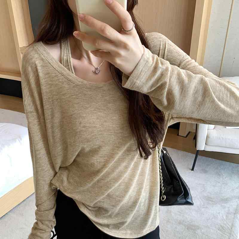 Tシャツ レディース アンサンブル 薄手 ノースリーブ タンクトップ 長袖 トップス 2点セット ポリエステル ビスコース レーヨン ゆったり ラウンドネック 切り替え カジュアル 韓国 春秋 白 オートミール色 黒