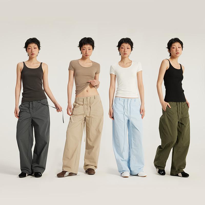 パンツ レディース 綿 レトロ ワークパンツ 春夏 ゆるかわ 中低ウエスト ワイドパンツ カーキ ブルー グレー ブラック グリーン(x3)