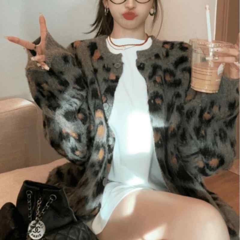 ニットカーディガン レディース ヒョウ柄 秋冬 厚手 混紡 提花 ゆったり ラウンドネック 長袖 普段使い デート 韓国 灰ブラウン系(x2)