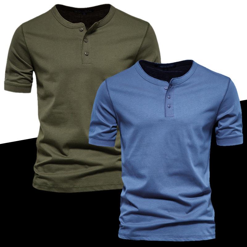 Tシャツ メンズ 半袖 ヘンリーネック 無地 スリム Tシャツ 男性用 トップス カットソー ポリエステル 軍緑 白 浅灰 黒 デニム 紺 深灰 春夏 薄手