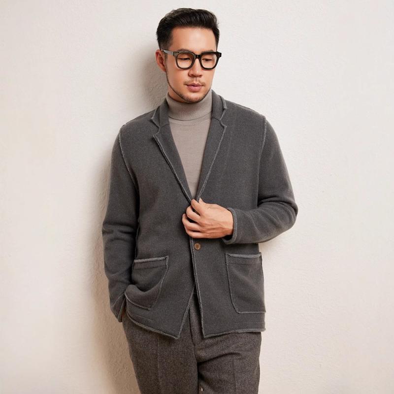 カーディガン メンズ 男性用 ビジネス 紳士 カジュアル 無地 ウール 厚手 ニット ライトグレー ブラウン系 秋冬