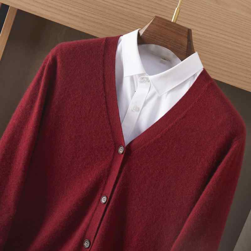 ニットカーディガン メンズ Vネック ウール 秋冬 厚手 ビジネス 紳士 男性用 トップス ニット 合体型 長袖 無地 藏藍色 酒?色 青山藍 无染? ?雅黒 中グレー｜ブリルビ