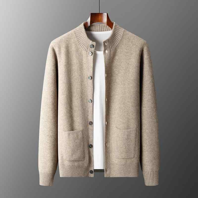 ニットカーディガン メンズ 男性用 ビジネス 紳士服 混紡 厚手 ハーフハイネック 秋冬 普段使い ラクダ色 グレー ブルー ブラック