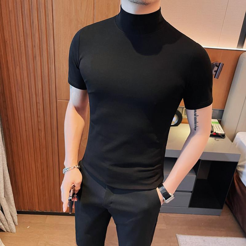 Tシャツ メンズ ハーフハイネック スリム 無地 半袖 カットソー トップス コットン混紡 ストレッチ 伸縮性 接触冷感 カジュアル インナー 普段使い 黒 白 グレー カーキ コーヒー 紺 黄色 オレンジ 緑