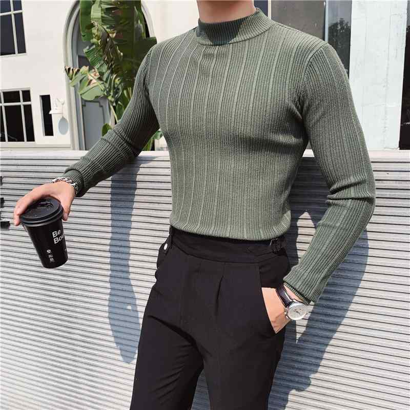 ニット メンズ スリムフィット ハーフハイネック リブ ボーダー柄 プルオーバー トップス 男性用 伸縮性 秋物 ホワイト ブラック グレー