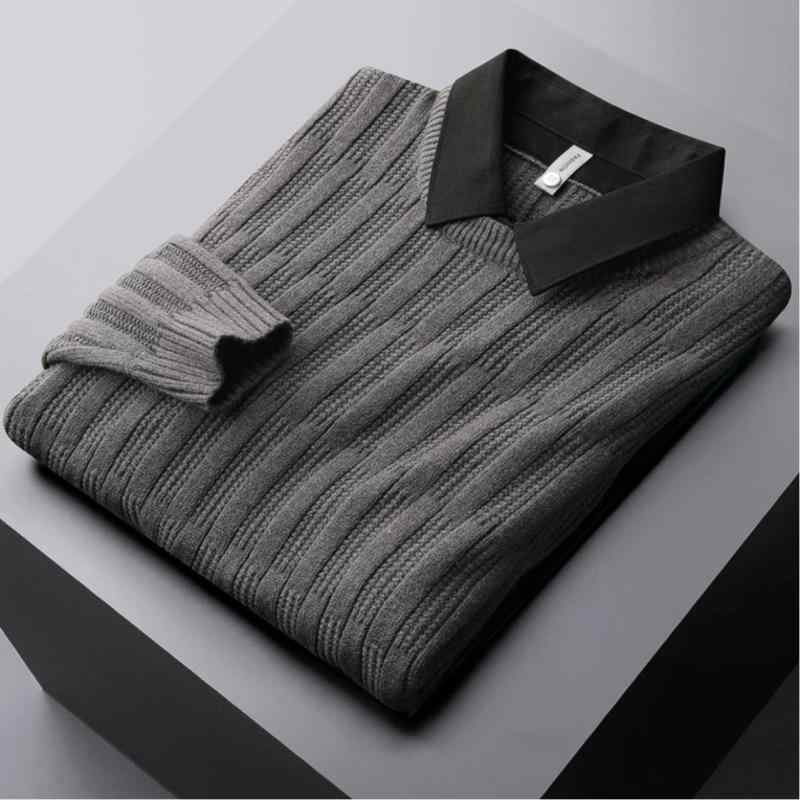 ニット メンズ フェイクレイヤード トップス シャツ襟付き プルオーバー スリム 厚手 秋冬 ポリエステル 混紡 普段使い